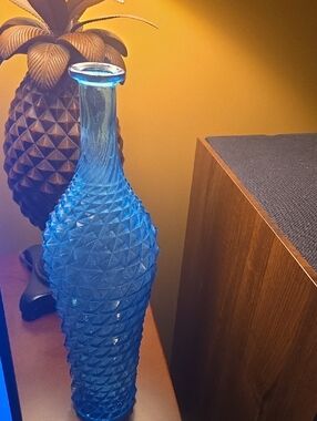 Vintage Empoli Art Glass Genie Bottle Blue Pineapple Diamond Point